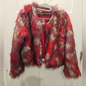 UNIF Multicolor Faux Fur Jacket Size M | Red Purple Taupe Shaggy Statement Coat